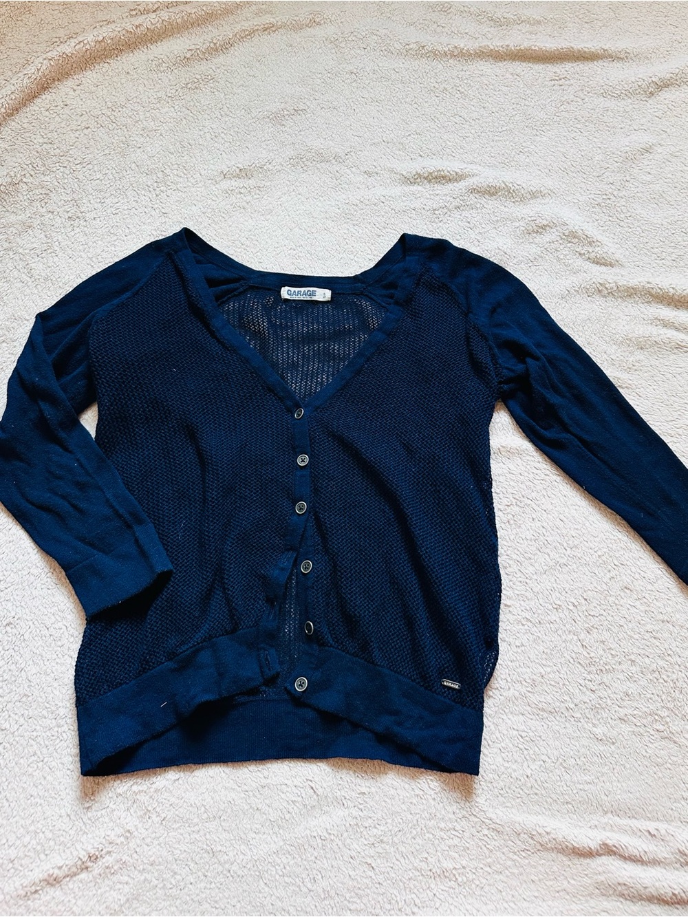 Garage Navy Open-Weave Knit Top with Metal Logo